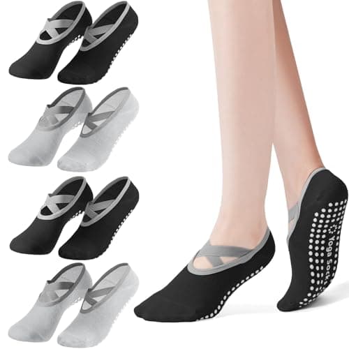 Tobfit 4 Pairs Pilates Socks for Women Non Slip Grip Sock Yoga Socks Ankle Grippy Sock Woman 4-PACK 03