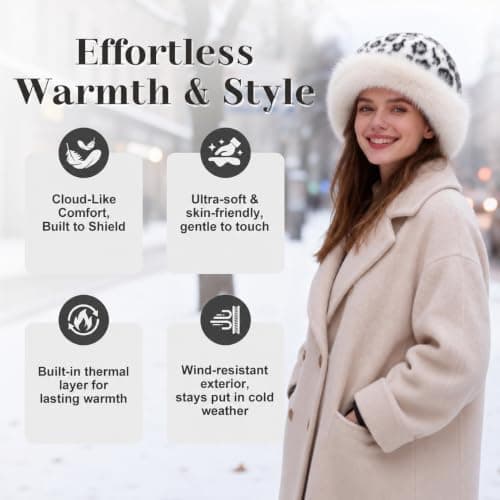 Faux Fur Bucket Hat for Women, Russian Style Winter Fluffy Fuzzy Ladies Hats Travel Hiking Work Home, Chapeau Fourrure Femme Winter Fashion Gift (White Leopard) — view 4