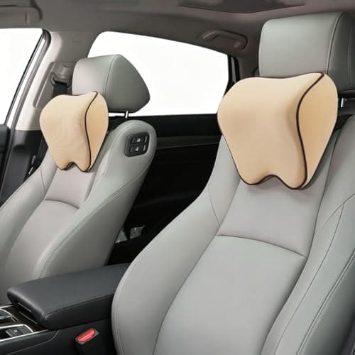 Alaoo Car Neck Support Pillow, 2Pcs Car Seat Headrest for Relieving Neck Fatigue with Adjustable Strap, Soft Memory Foam and Breathable Removable Cover for Passenger or Driver, Beige with Black Trim
