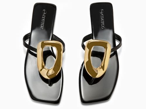 Coutgo Womens Flat Sandals Flip Flops Comfortable Slide Sandals Summer Beach Shoes with Metal Decoration Black 80 — view 5