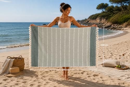 WEFLORIA Turkish Peshtemal Towel – 100% Cotton, Lightweight & Quick Dry Beach & Bath Towel, Large Hammam Towel with Tassels, Gift Box Packaging (Sage Green/Red & Cream) (Sage Green) — view 2