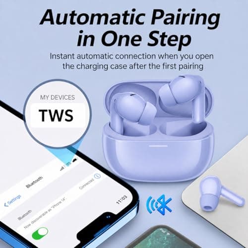 XuLinSe Wireless Earbuds Bluetooth 5.3 Headphones, In Ear Bluetooth Earphones with 4 Mics, IPX7 Waterproof Ear Buds, 10mm Drivers, Touch Control, Auto Pairing, HiFi Stereo Sound (light blue) — view 3