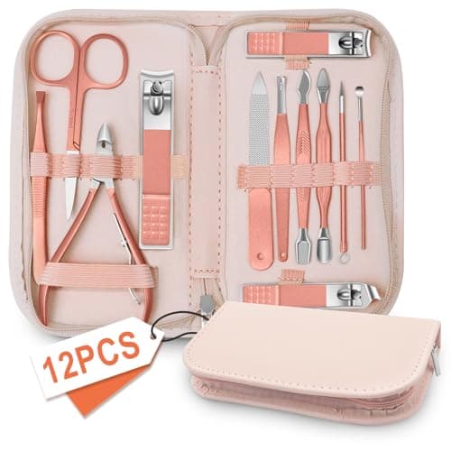 Manicure Pedicure Set 12PCS, Nail Clippers Set for Men Women, Toe Nail Clipper, Manicure & Pedicure Tools & Accessories, Nail Grooming Kit with Rose Gold Leather Case for Travel & Home
