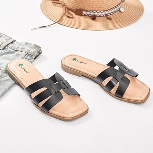 Ataiwee Women's Dressy H Flat Slide Sandals Faux Leather slippers,Black 6.5 — view 3