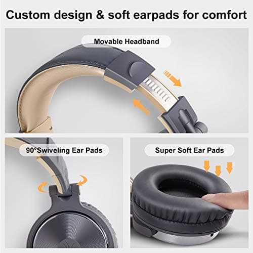 OneOdio Over Ear Headphone Studio Wired Bass Headsets with 50mm Driver, Foldable Lightweight Headphones with Shareport and Mic for DJ Recording Monitoring Mixing Podcast Guitar PC TV (Grey) — view 5