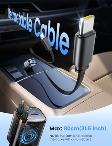 Lamicall 4 IN 1 Retractable Car Charger Adapter - [50% Smaller] [Voltage Display] 69W Cigarette Lighter USB Charger, Car Phone Charge with 2 Retractable Cable + USB-C & USB-A, 12V/24V Socket for Phone — view 2