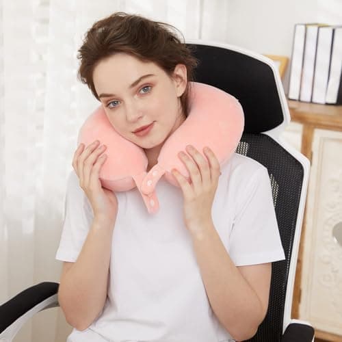 Travel Pillow 100% Memory Foam Pillow, Neck Pillow for Airplane, Neck & Head Support Pillow for Sleeping Rest & Car, Travel Pillows Kit with Storage Bag, Sleep Mask and Earplugs Pink/129(Navy Blue) — view 5