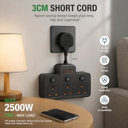 Multi Plug Extension, Short Extension Lead, 3 Way 4 USB Plug Adapter — view 3