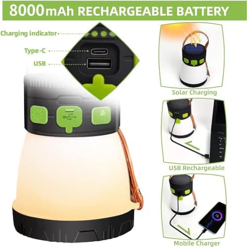 Rechargeable Camping Lantern, 2000 Lumens 40 Hrs 8000mAh Battery Powered Solar Camping Lights with Warm White Light, 8 Light Modes, Outdoor Portable Lanterns for Hiking, Camping, Fishing, Emergency — view 5