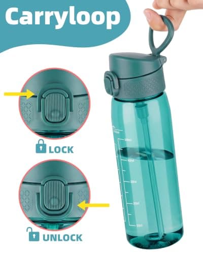 OLDLEY 600ml/20oz Water Bottles with Straw Leakproof Tritan Water Bottle with Handle BPA Free Time Marker Sports Drinking Bottle for School, Travel, Sports (Dark Green) — view 5
