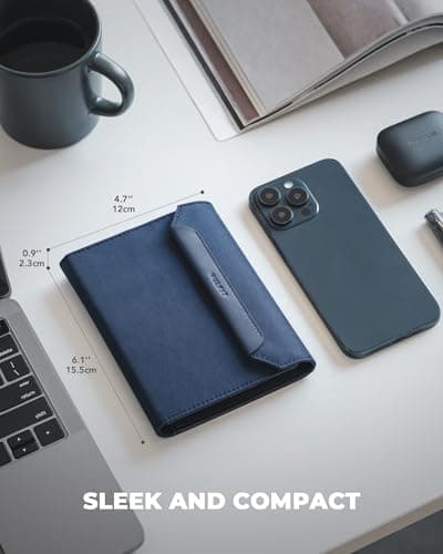 VULKIT Slim Passport Holder RFID Blocking, Leather 2-3 Passports Wallet, Travel Essential, Magnetic Closure, Detachable AirTag Holder, Blue — view 2