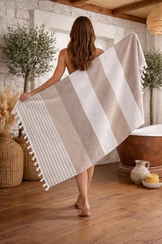 WEFLORIA Turkish Peshtemal Towel – Lightweight Quick Dry Beach & Spa Towel, Oversized Cotton Hammam Towel with Tassels – Travel, Pool, Bath, Sauna – Blue/Beige/Orange (beige) — view 3