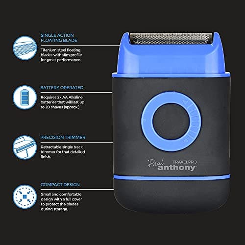 Paul Anthony Travel Pro Battery Operated Men's Compact Foil Shaver/Titanium Steel Flexible Blade/Retractable Side Foil Flexible Trimmer/Rubberised Finish / 2 x AA Battery Operated - H5001 — view 3