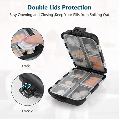 AOOWU Pill Box Organiser, 1PCS Portable Medicine Storage Box, Double Layer 10 Grids Tablet Organiser to Hold Vitamins, Cod Liver Oil, Supplements and Medication for Travel Work(C-Black) — view 3