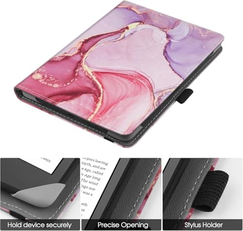 HGWALP Universal Stand Case for 6/6.8/7 inch paperwhite, PU Leather Stand Cover with Handstrap Compatible with All 6" 6.8" 7" Kindle Paperwhite/Colorsoft/Kobo/Pocketook/Sony eReaders-Marble Pink — view 2