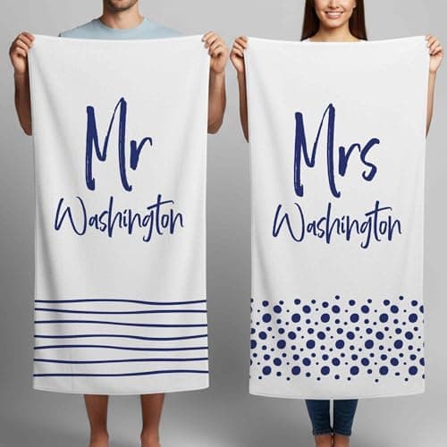 Print Maniacs Personalised Mr and Mrs Beach Towel Custom Name Microfibre Towel Large Quick Dry Lightweight Travel Towel Honeymoon Wedding Gift Pool Spa Towels