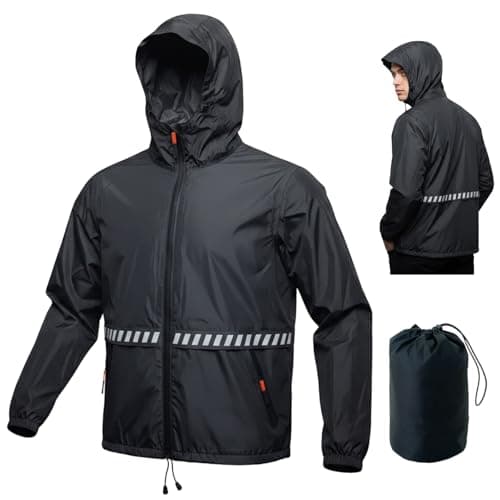 RJVZVEJH Mens Rain Waterproof Jackets with Hood, Lightweight Packable Raincoat with Reflective Strip, Water Proof Rainy Windbreaker Clothes for Outdoor Cycling Golf Hiking Travel