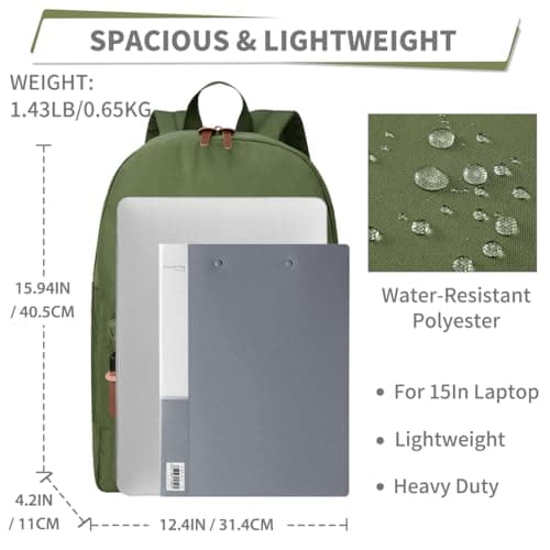 VASCHY School Backpack, Unisex Slim Lightweight Water-resistant Minimalist Backpack for Men Women College Schoolbag Travel Bookbag Green — view 2