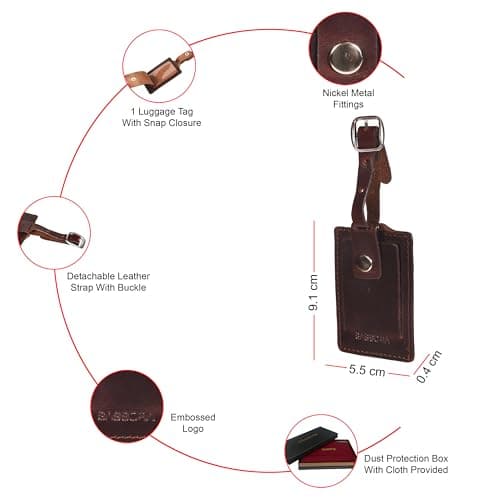 Sassora Genuine Leather Luggage Tag for Suitcases & Bags | Name ID Card Holder with Secure Buckle Strap & Privacy Flap | Travel Identifier for Men & Women (Dark Brown) — view 3