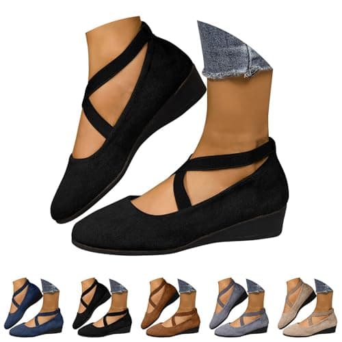 ziubauyke Women's Ballet Flats Closed Toe Crisscross Strap Wedge Shoes Comfy Summer Wide Fit Sole Stretchy Ankle Ballerina Ladies Comfy Dress Elegant Slip-On Pump Shoes Size 5 Black — view 5