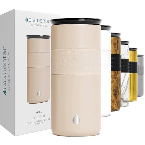 Elemental Artisan Triple Wall Insulated Tumbler – Stainless Steel Coffee Cup with Ceramic Lid – Thermal Travel Mug for Hot(6 Hrs) & Cold(18 Hrs) Drinks – Reusable Coffee Cups (Beige, 473 ml)