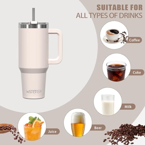 WATERSY Travel Mug Coffee Cup 30oz Tumbler Straw Lid and Handle, Stainless Steel Double Wall Vacuum Insulated Coffee Water Bottle Thermal for Cold Hot Coffee 891ml Ivory Beige — view 6