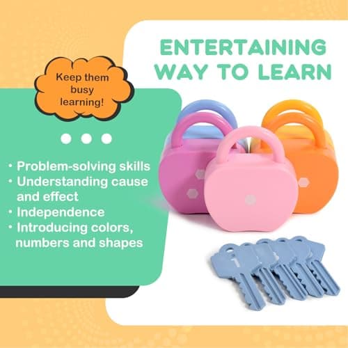 GEERAY Cause and Effect Toys for Toddlers 3+, Montessori Lock & Key Set with 5 Apple-Shaped Locks, Keys & 10 Cards – Learn Numbers, Colors & Motor Skills STEM Toy Gift for Home & Classroom — view 4