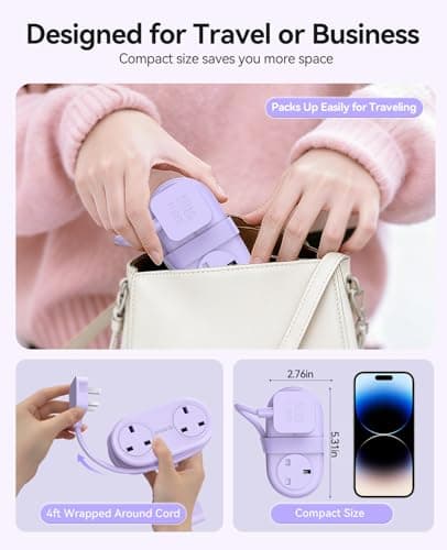 ORICO Travel Extension Lead with USB Slots, 2 Outlets 3 USB Ports (1 USB C), 3250W 13A Socket Extensions, Rollable Extension Cord for Travel/Home/Office, Essentials Cruise Approved Power Strip-Purple — view 2
