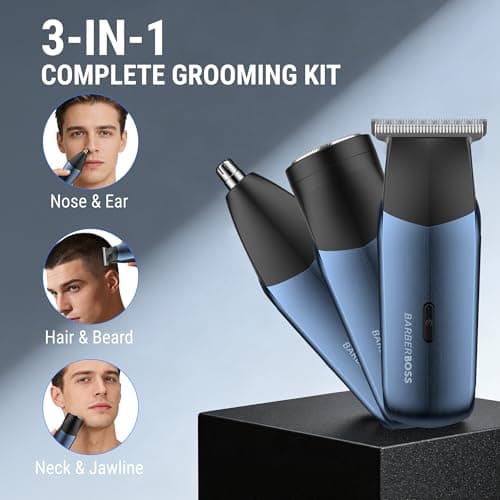 BarberBoss 3-in-1 Travel Trimmer Kit for Men, Beard & Hair Trimmer, Nose & Ear Trimmer, Mini Shaver, Men’s Electric Shaver, Dual-Speed Control, Male Electric Grooming Set, QR-2212 — view 2