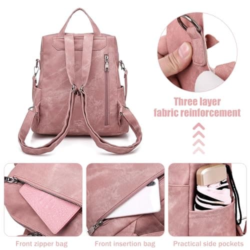 PU Leather Anti-Theft Backpack for Women - High Capacity Waterproof Rucksack, Fashion Handbag, School Bag, Retro Ladies Daypack for Work and Travel (Pink) — view 4