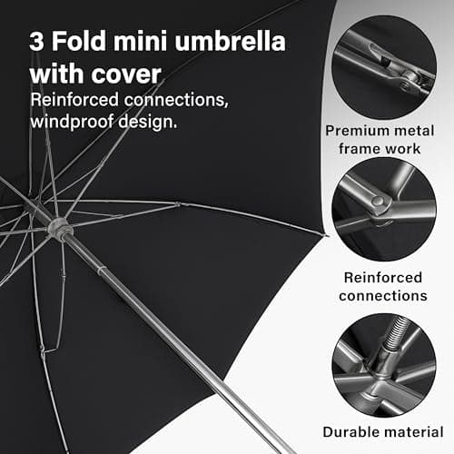 Vivo Technologies 3-Fold Mini Umbrella with Cover, Black Handle, 96cm Canopy, Windproof & Waterproof, Durable Polyester, Reinforced Frame, Fast-Drying – Travel & Everyday Use — view 2