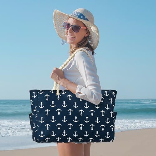 oscaurt Waterproof Beach Bag Large Beach Tote Bag with zip Travel Essential for Swimming Shopping Gym Vacation Lightweight Shoulder Handbags Carryall — view 3