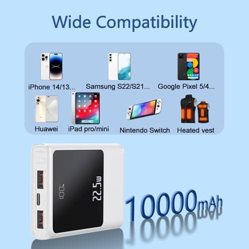 10000mAh Small Power Bank Fast Charging, 22.5W Mini USB C Portable Charger with Battery Pack Compact External Battery Bank for iPhone Samsung Heated Gilet Vest Jacket Scarf (White) — view 6
