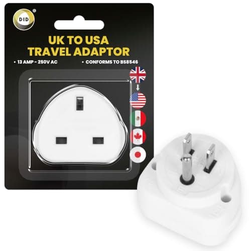 DID UK to USA Travel Adaptor, 13A 250V Plug Converter, UK 3 Pin to USA 2+1 Pin Socket, CA, Mexico, Japan, Power Adapter for Phone, Charger, Travel Use Type B (earthed)