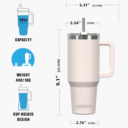 WATERSY Travel Mug Coffee Cup 30oz Tumbler Straw Lid and Handle, Stainless Steel Double Wall Vacuum Insulated Coffee Water Bottle Thermal for Cold Hot Coffee 891ml Ivory Beige — view 5