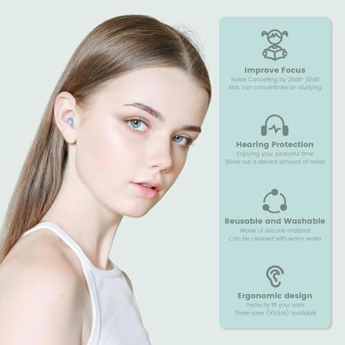 JUSTRVN Kids Ear Plugs(6+yrs)-2 Pairs of Reusable Noise Reduction Earplugs for Small Canal With 6 Tips,Soft Silicone Earplugs for Sleeping,Focus,Travel,Socializing,Concert&Hearing Protection 25dB-30dB — view 3