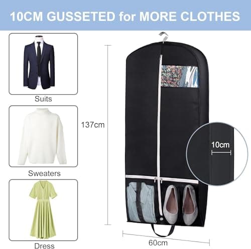 MISSLO 54" Suit Carriers for Men Women Travel Suit Bag Hanging Long Dress Garment Covers for Clothes Storage with 2 Pockets, Black — view 4
