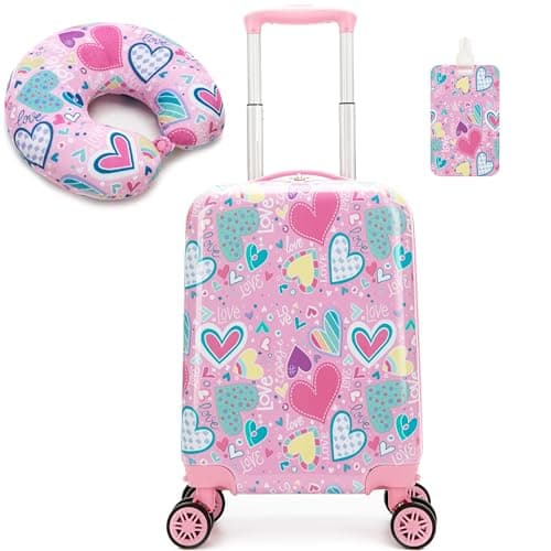 HTgroce 2 Pcs Children's Suitcase, Travel Suitcase for Children with Travel Pillow, Luggage Tag, Suitcase for Girls with Universal Wheels, A-pink Heart, M