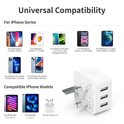 USB Plug, Multi USB Charger 5V 3A for iPhone X XR XS 8 7 6 6S Plus 5 5S 5C SE 14 14 Plus 14 Pro Max 13 12 11, Pad, UK Multiple Wall Charging Adapter Multiport Mains Power Adaptor — view 5
