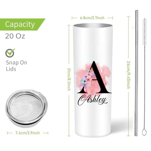 EKAM Personalised Floral Tumbler Stylish Initial with Name - Travel Coffee Mug, 20oz Stainless Steel Tumbler Cup with Straw and Lid, Custom Cup Gift for Christmas Day, Birthday, Any Occasion — view 6