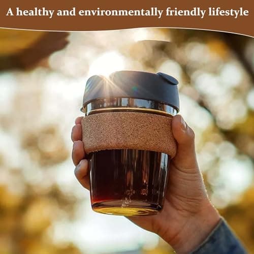 Zimoer 340ML Reusable Tempered Glass Coffee Cup with Lid, Heat Resistant Travel Coffee Mug with Cork Sleeve, Glass Mug with Leakproof Lid, for Unisex Eco-Friendly Travel Home Office — view 5