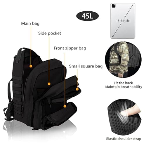 45L Military Tactical Backpack, MOLLE Assault Pack for Hiking Camping Black — view 5