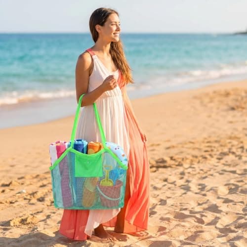 Crownflux Large Mesh Beach Bag for Women, Foldable Beach Tote Bag — view 2