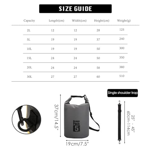 MORAINJAY 5L Grey Dry Bag,Waterproof Bag with Single Adjustable Shoulder Strap,Small Capacity Dry Sack 2L 5L 10L 15L 20L 30L for Outdoor Camping,Rafting,Swimming,Boating,Surfing — view 2
