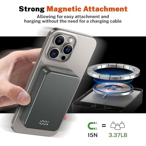 Magnetic Wireless Power Bank, 26800mAh Portable Charger, USB C in & Out Phone Battery Pack for iPhone 17/16/15/4/13/12 Series and Others Android Phones (Grey) — view 2