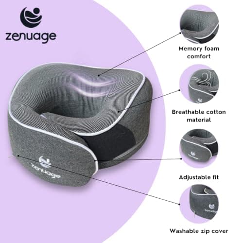 Zenuage Luxury Memory Foam Travel Neck Pillow, 100% Cotton Jersey, 360° Support, with Mesh Travel Case, Flight Cushion, Eye mask and Ear Plugs, Essentials for flying, Adjustable Size, UK Brand (Noir) — view 3