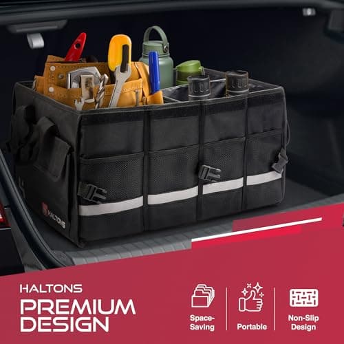 Haltons Foldable Car Boot Organiser Large, Durable 600D Oxford & 210D Polyester, Portable Boot Storage Box with Multi Compartments, Ideal for SUV, Truck, Van & Car Storage (36.8x50.8x26cm) Black — view 3