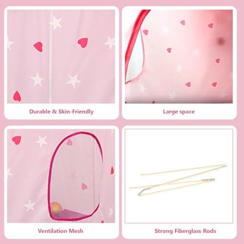 ROIWUIE Princess Castle Pop Up Tent – Kids Pink Playhouse Tent for Girls with Glow in The Dark Stars, Indoor/Outdoor Foldable Pink Play Tent Fabulous Gift for Little Girls — view 3