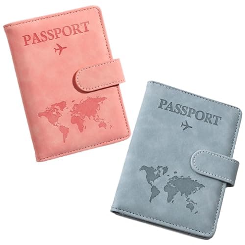 Passport Holder Cover Wallet Case, 2 Pcs PU Leather Travel Wallet with RFID Blocking Passport Book Holders Organiser Travel Must Haves Credit Cards Boarding Passes Covers for Men Women (Pink & Blue)