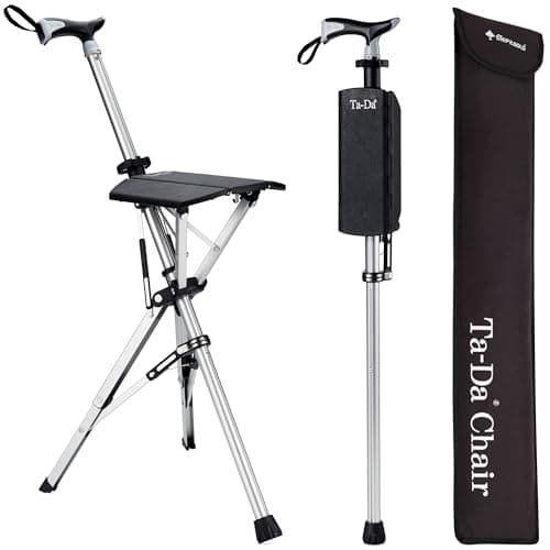 STEP2GOLD Ta-Da Chair - Walking Stick with Seat, Ultra-Light Aluminium Frame & Sturdy Foldable Stool (up to 110kg), Collapsable Folding Design, Ideal for Travel & Sightseeing - Black, 82 cm